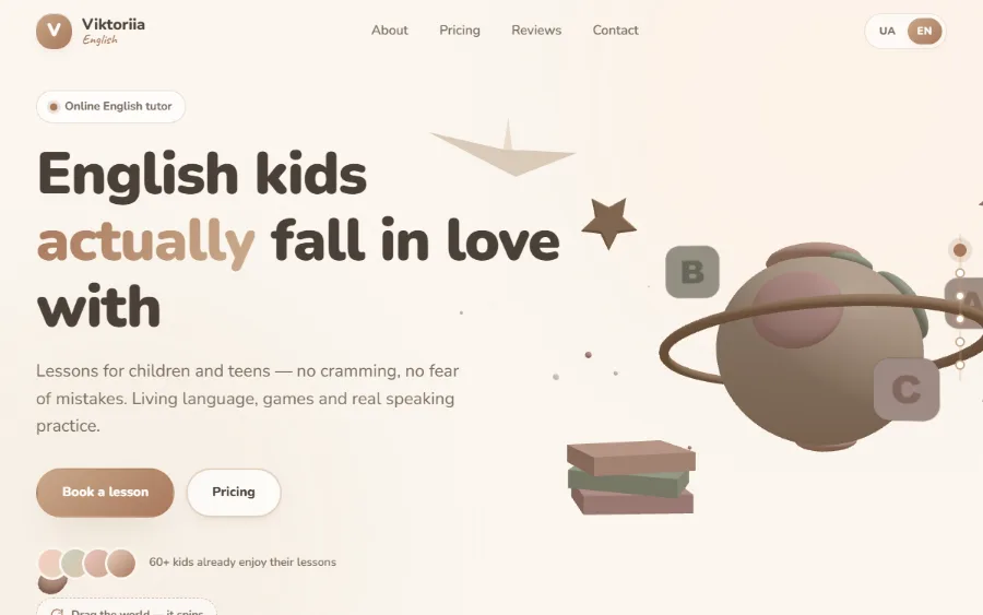 Screenshot of the Viktoriia English tutor landing page